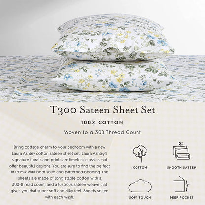 Laura Ashley Home - Full Sheets, Soft Sateen Cotton Bedding Set - Sleek, Smooth, & Breathable Home Decor,Blossoming Blue Blossoming Blue/White Full