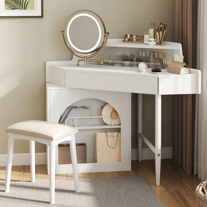 MODERNLUXE Corner Makeup Vanity Desk with Folding Mirror and Lights,Modern Vanity Set with 1 Stool,2 Drawers and 3 Shelves for Bedroom,Women, and Girls,Walnut