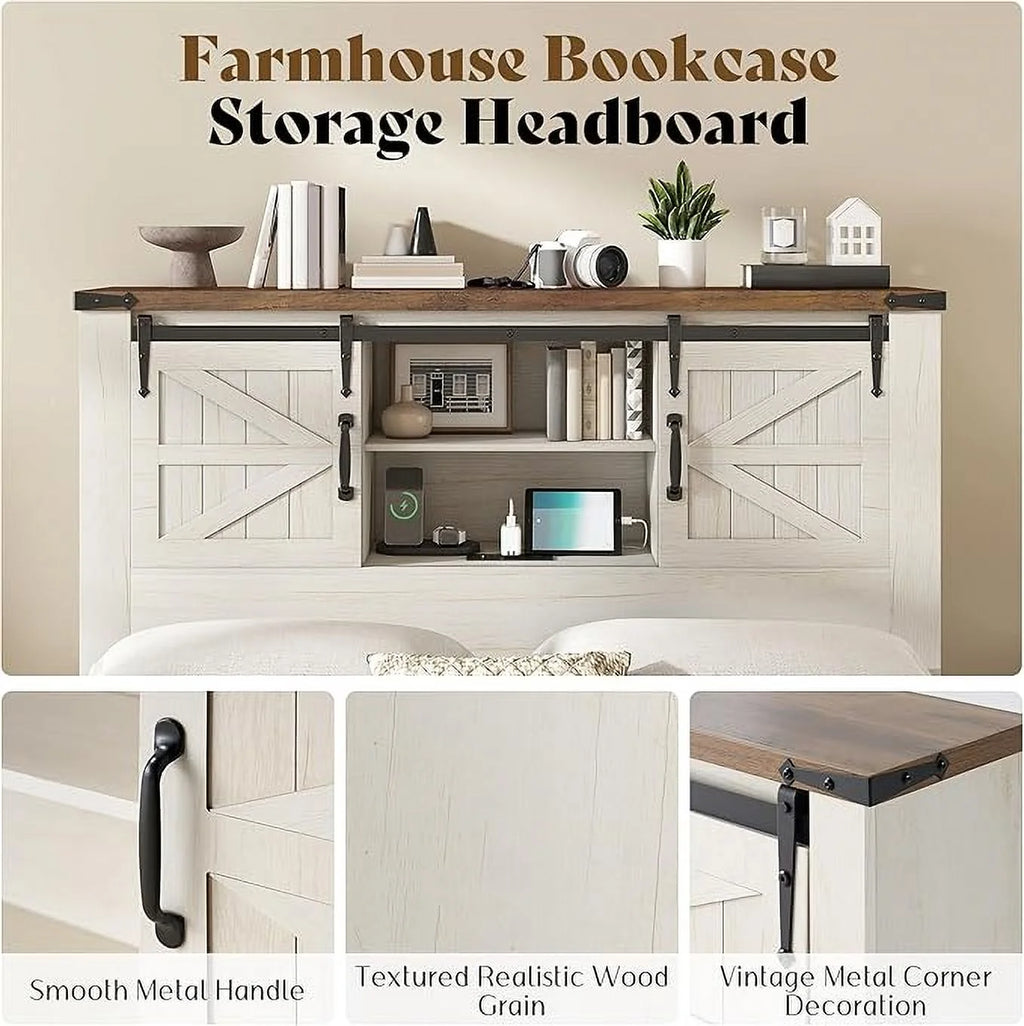 Merluxy Farmhouse Full Bed Frame with Storage Bookcase & Charging Station, Bedroom Furniture, Grey
