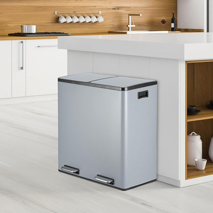 Arlopu 60 L/16 gal Dual Trash Can, Stainless Steel Garbage Can for Kitchen, Recycle Bin with Lid