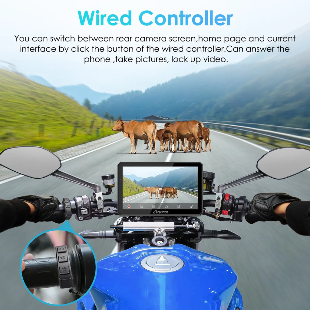 Carpuride Motorcycle HD Dual 1080P Dash Cam, Wireless Apple CarPlay & Android Auto Wire Control, Horizontal  Vertical Rotation 7" Touch Screen (712D)
