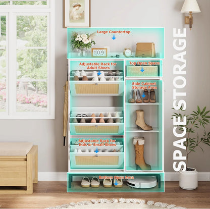 Garvee Rattan Shoe Storage Cabinet with Doors and 3 Flip Drawers, Freestanding Organizer with Adjustable Shelves for Entryway, Narrow Shoe Rack Cabinet for Hallway, Easy Assembly, Oak Color
