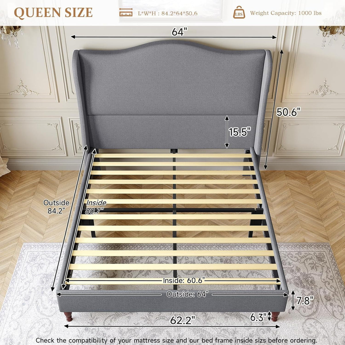 Neche Queen Upholstered Bed Frame with 51" Tall Headboard Classic Curved Wingback Platform Bed with Soft Fabric, Retro Simple Sleigh Bedframe No Box Spring Needed/Easy Assembly, White