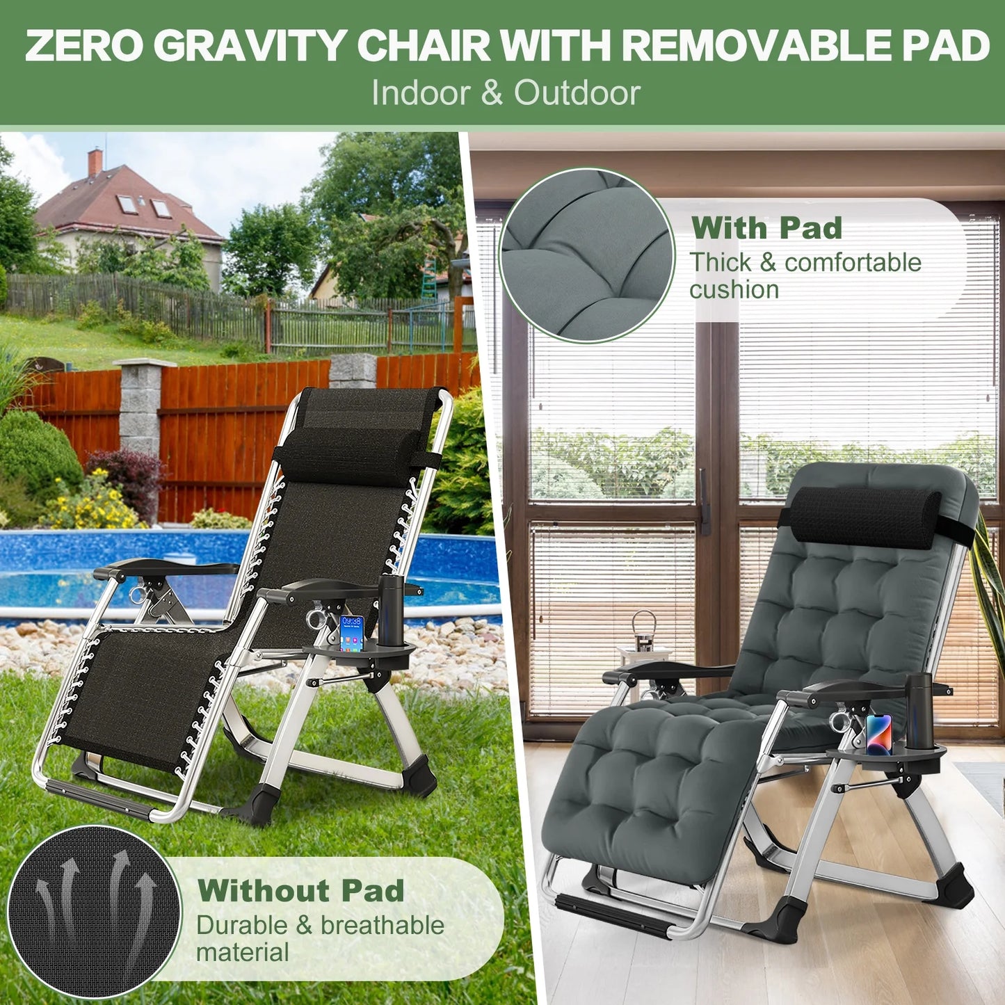 NAIZEA 2 Pack Zero Gravity Chair, Foldable Portable Lawn Recliner with Cushion, Headrest, Cup Holder, Black