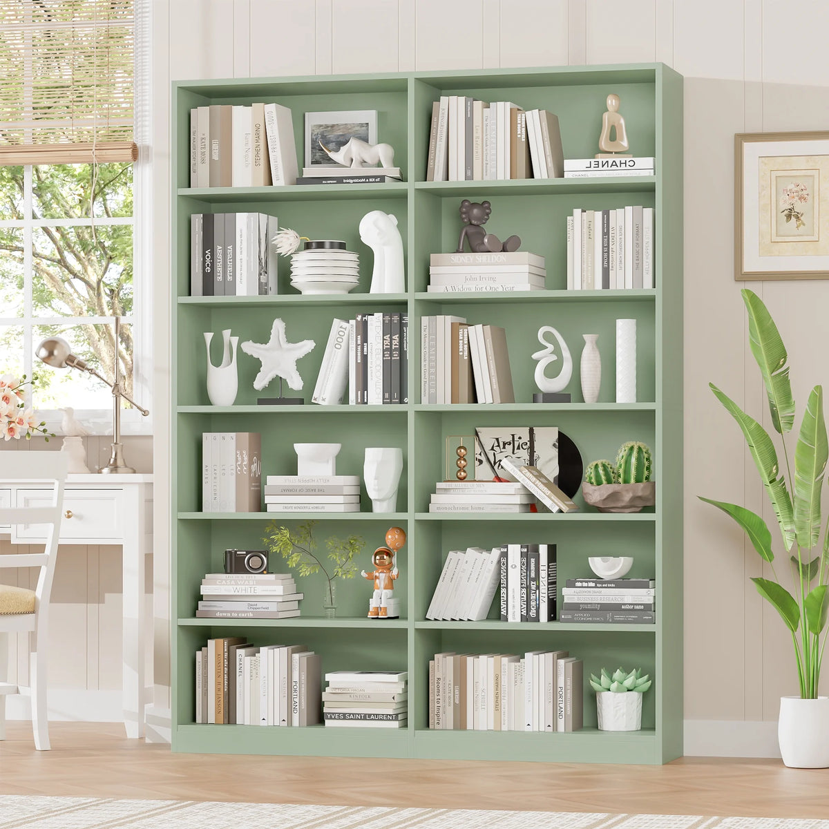 Homfa 74.3�� Double Wide 6-Tier Bookcase, Extra Large Wooden Freestanding Display Bookshelf for Home Office Living Room, White