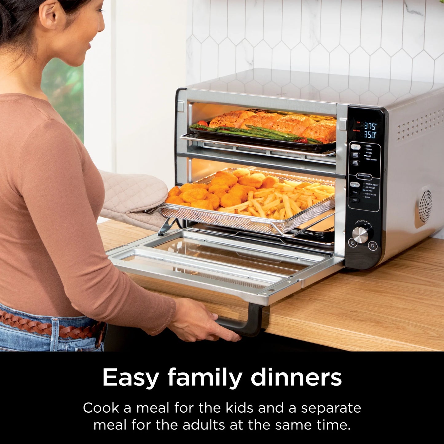 Ninja 10-in-1 Air Fryer, Double Door Toaster Oven with FlexDoor, FlavorSeal & Smart Finish, Rapid Top Convection and Air Fry Bottom, Bake, Toast, Air Fry, Pizza and More, Stainless Steel, DCT400