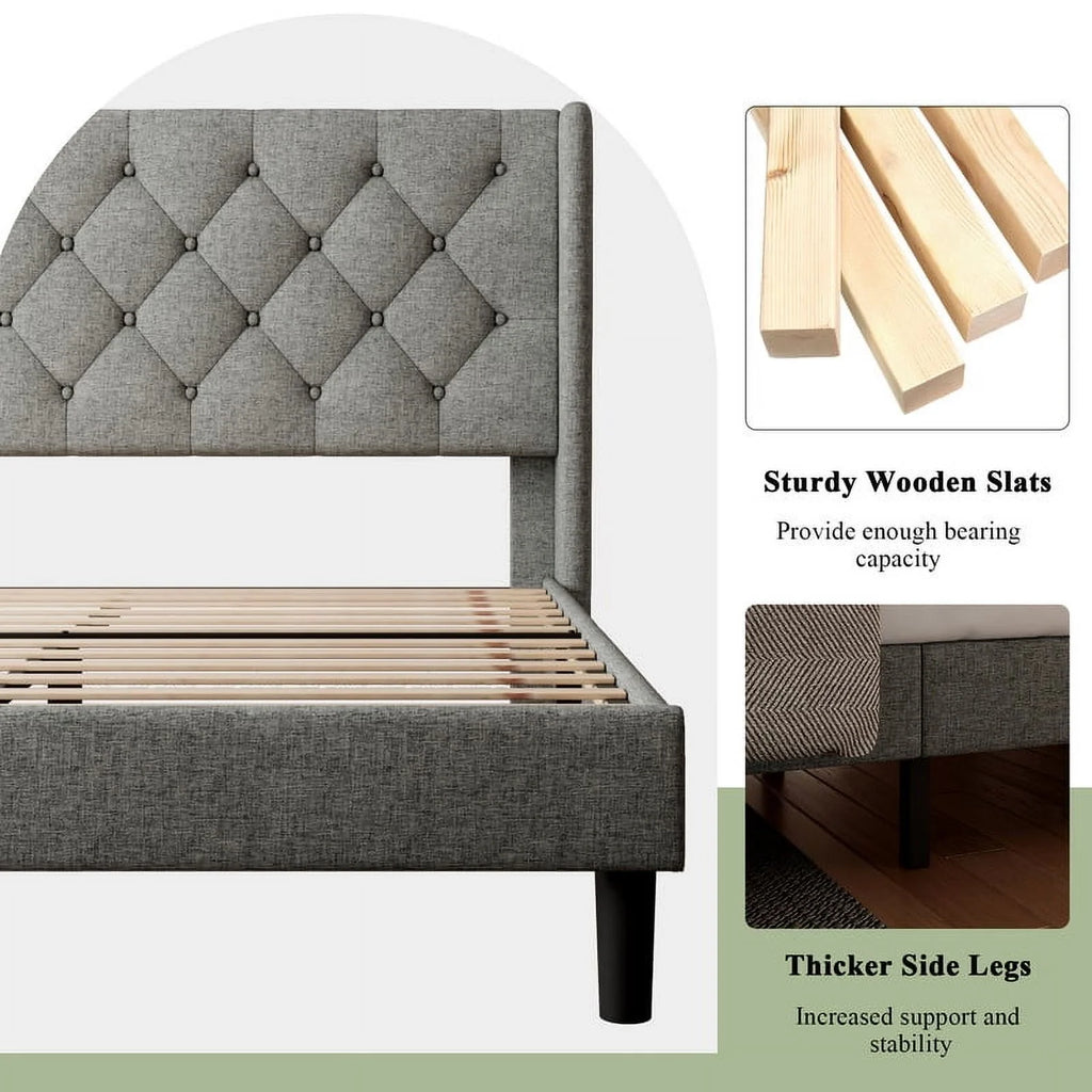 iPormis Full Size Bed Frame with Diamond Button Tufted Wingback Headboard, Upholstered Platform Bed Frame with Strong Wood Slat Support, No Box Spring Needed,Black