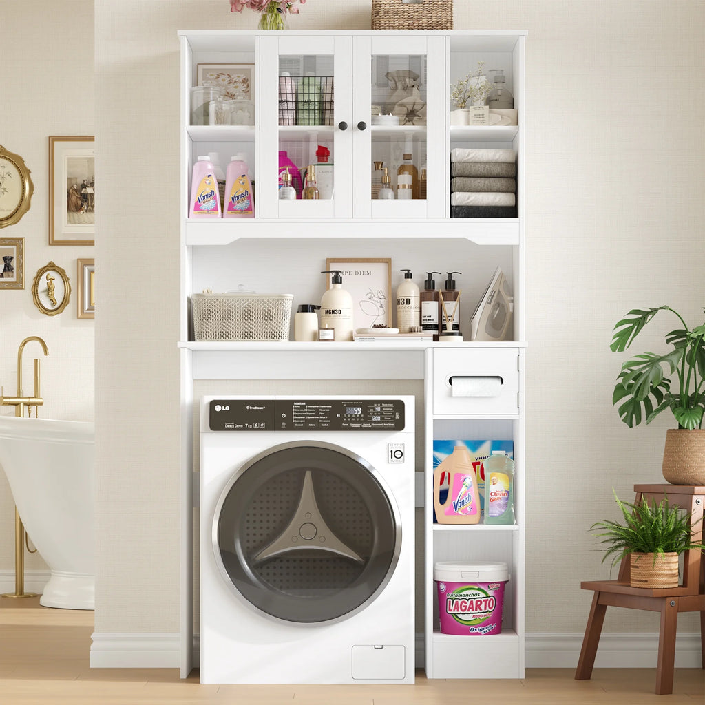 Homfa Over The Toilet Storage Cabinet with Toilet Paper Holder Stand, Above Toilet Organizer with Glass Doors, Behind Toilet Shelf for Restroom, Bathroom, Laundry, White