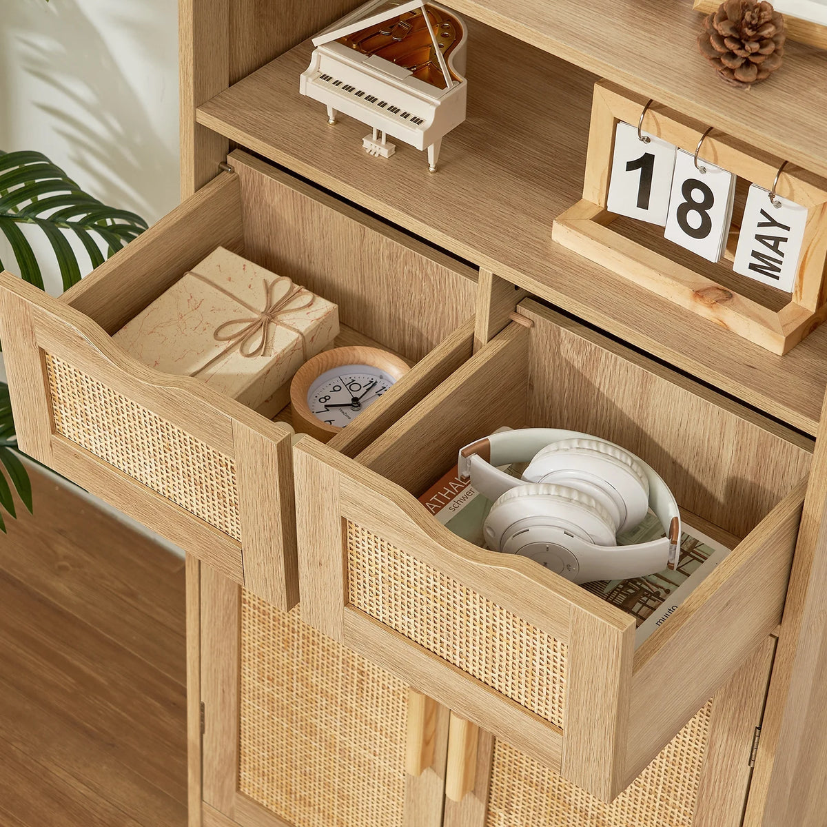 FANGSUM Rattan Storage Cabinet with 2 Drawers & 2 Shelves, Floor Cabinet for Living Room