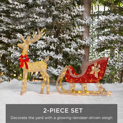 Best Choice Products Lighted Christmas 4ft Reindeer & Sleigh Outdoor Yard Decoration Set w/ 205 LED Lights, Stakes
