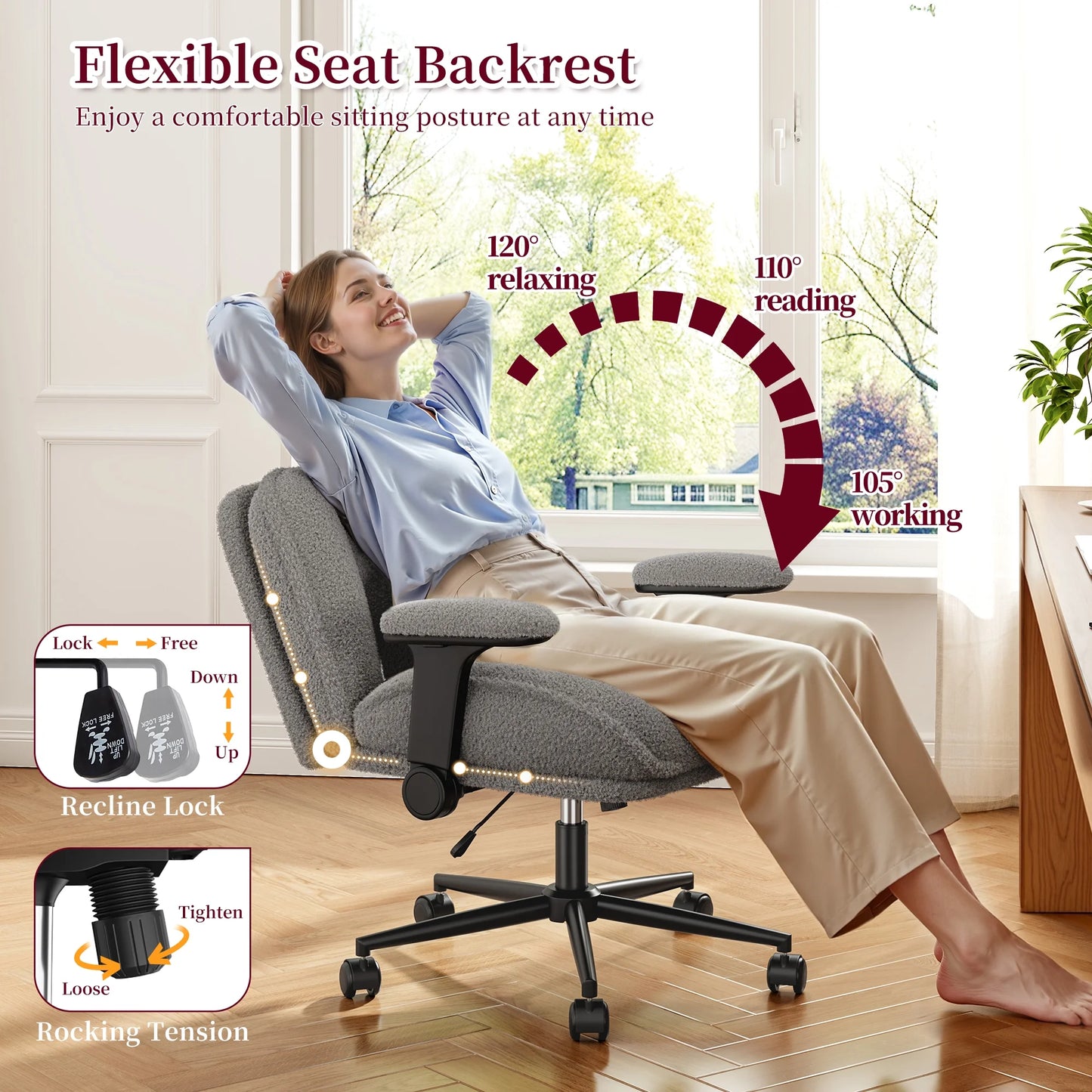 Romorgniz Criss Cross Chair with Adjustable Arms & Lumbar Support Office Chair with Reclining Back, Thick Cushion & Wheels for Office, Gaming, Reading, Vanity, Off-White