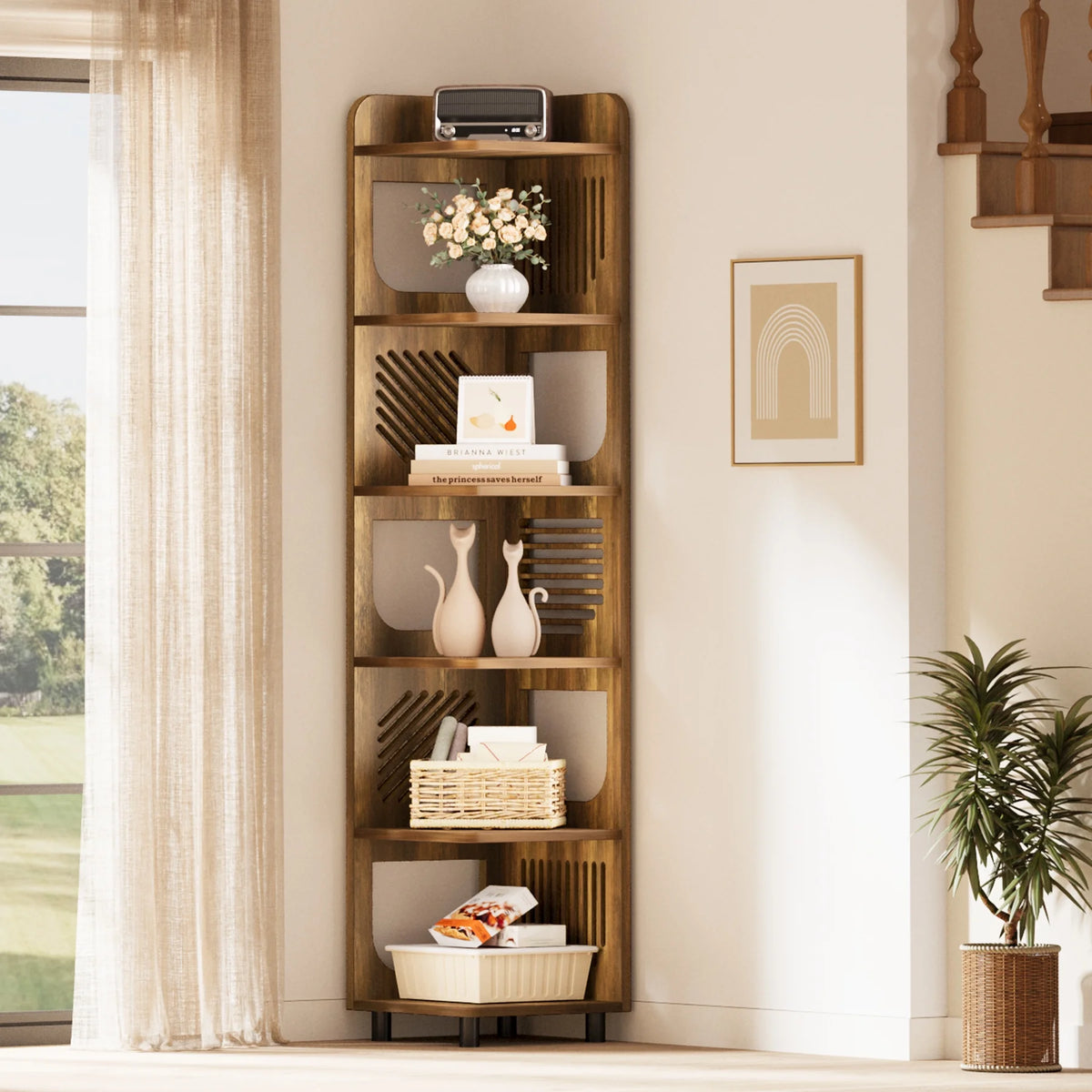 Fnova 71" 6-Tier Tall Corner Bookshelf, Rustic Wooden Narrow Corner Bookcase with Artistic Square Rack, Freestanding Display Storage Shelf for Space-Saving Home Organizing