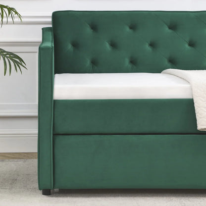 Twin Size Daybed with Trundle, Modern Button Tufted Linen Upholstered Sofa Day Bed Frame with A Roll-Out Trundle, Bedframe Furniture for Bedroom Living Room Guest Room,Green