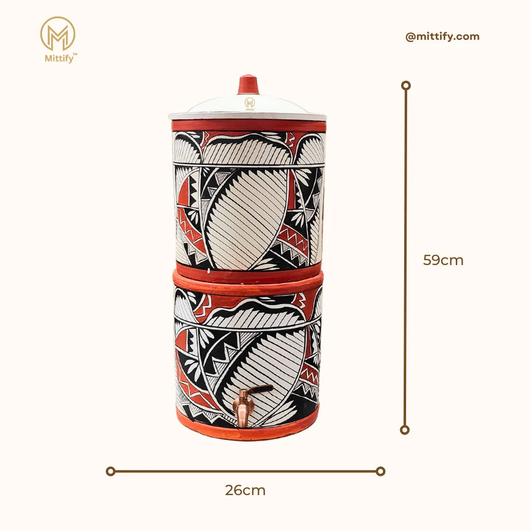 Mittify Handmade Clay Water Filter with Lid & Metal Tap | Earthen Harp Design Water Filter | Eco-Friendly Clay Filter (676oz/20L)