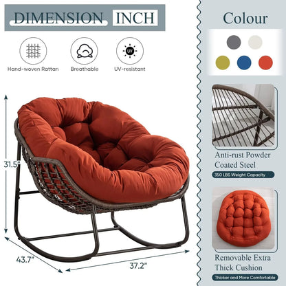 Outdoor Papasan Rocking Chair, Patio Oversized Wicker Egg Rocking Chair, Indoor & Outdoor Comfy Rocker Chair with Thick Cushion, Modern Lounge Chair for Front Porch, Garden, Backyard, Grey