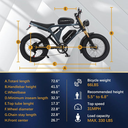 Peak 3000W AKEZ Kingkong 1500W Electric Bike,31MPH Electric Dirt Bike for Adults,48V41A Dual Removable Battery Mountain Ebike,20'' Fat Tire Ebike,7Speed,Hydraulic Brake