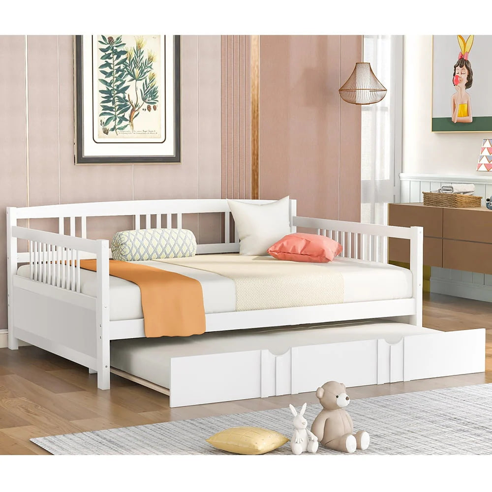 Daybed with Trundle Included, Full Size Daybed Bed Frame with Headboard and Footboard, Living Room Sofa Bed with Pull Out Bed, Wood Single Bed for Kids Boys Girls, No Box Spring Needed, White, J948