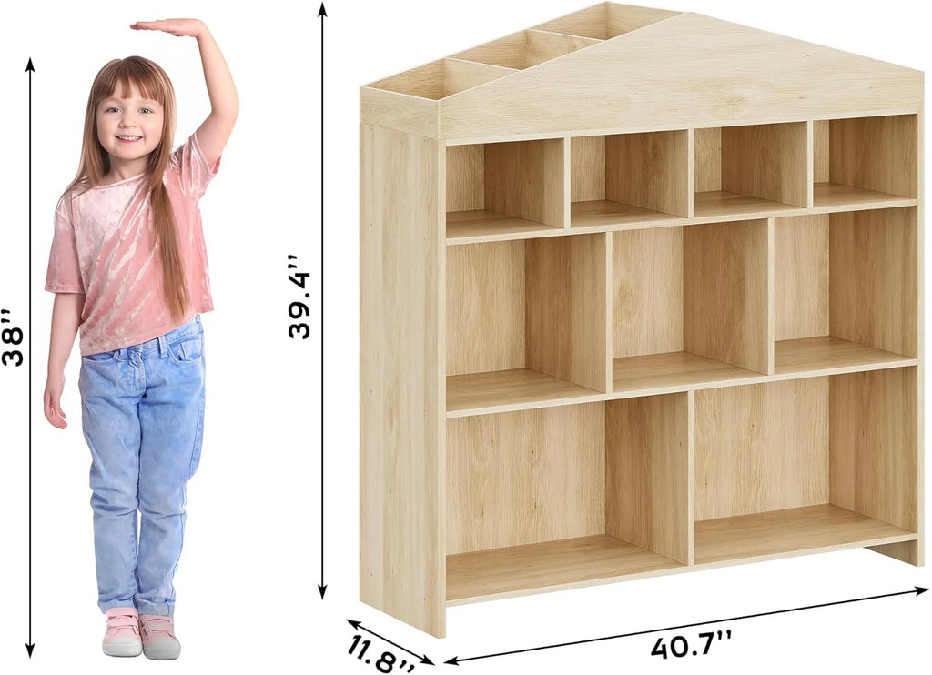 DSstyles Kids Bookshelf 9-Cubby Toy Storage Organizer White Bookcase Toddlers Playhouse Cabinet Shelf for Boys Girls Wooden Storage Toy Shelf for Playroom, Nursery, Kids Room