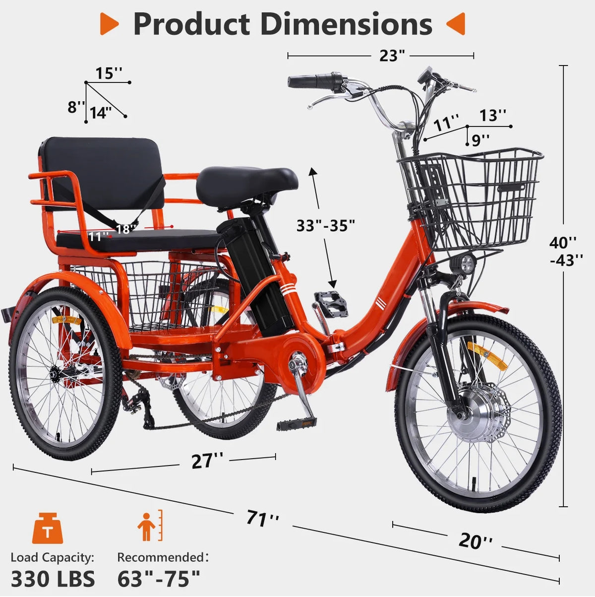NOMIGO Electric Tricycle for Adults Folding Electric Trike 3 Wheel Electric Trike with Two-seater Large Basket Super Powerful Brushless 350W Motor 48V13AH Lithium Battery Max 20MPH E-Tricycle Orange