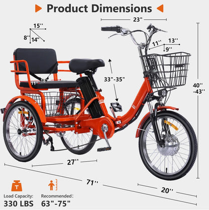 NOMIGO Electric Tricycle for Adults Folding Electric Trike 3 Wheel Electric Trike with Two-seater Large Basket Super Powerful Brushless 350W Motor 48V13AH Lithium Battery Max 20MPH E-Tricycle Orange