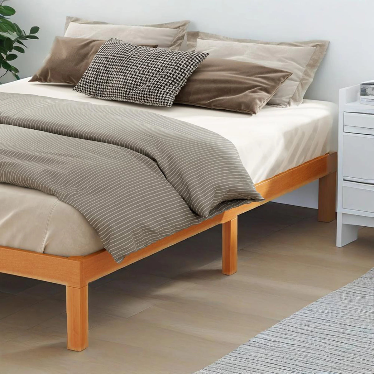 MCQ Full Size Wood Bed Frame, 12in Wooden Platform Bed Frame with Support Slats, No Spring Needed, Storage Space Under Base, Natural Pine