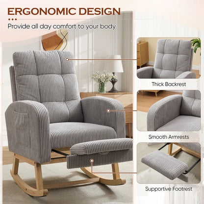 FFH Rocking Chair Nursery, Tufted Accent Rocker Chair, Upholstered Armchair with Adjustable Footrest, Side Pocket, High Backrest, Padded Seat, Polyester Blend (Retro, Dark Gray)