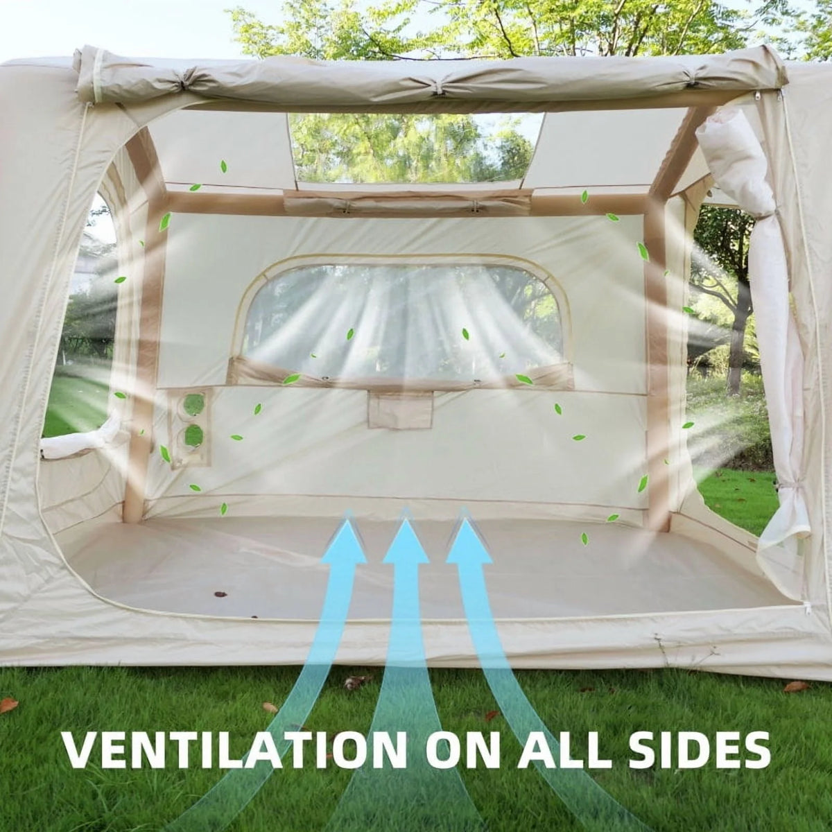 Beige 4-6 Person Inflatable Camping Tent (4-Season – 2-in-1 SUV/Tailgate+Standalone, 5min Setup, Waterproof Oxford, Mesh Windows)