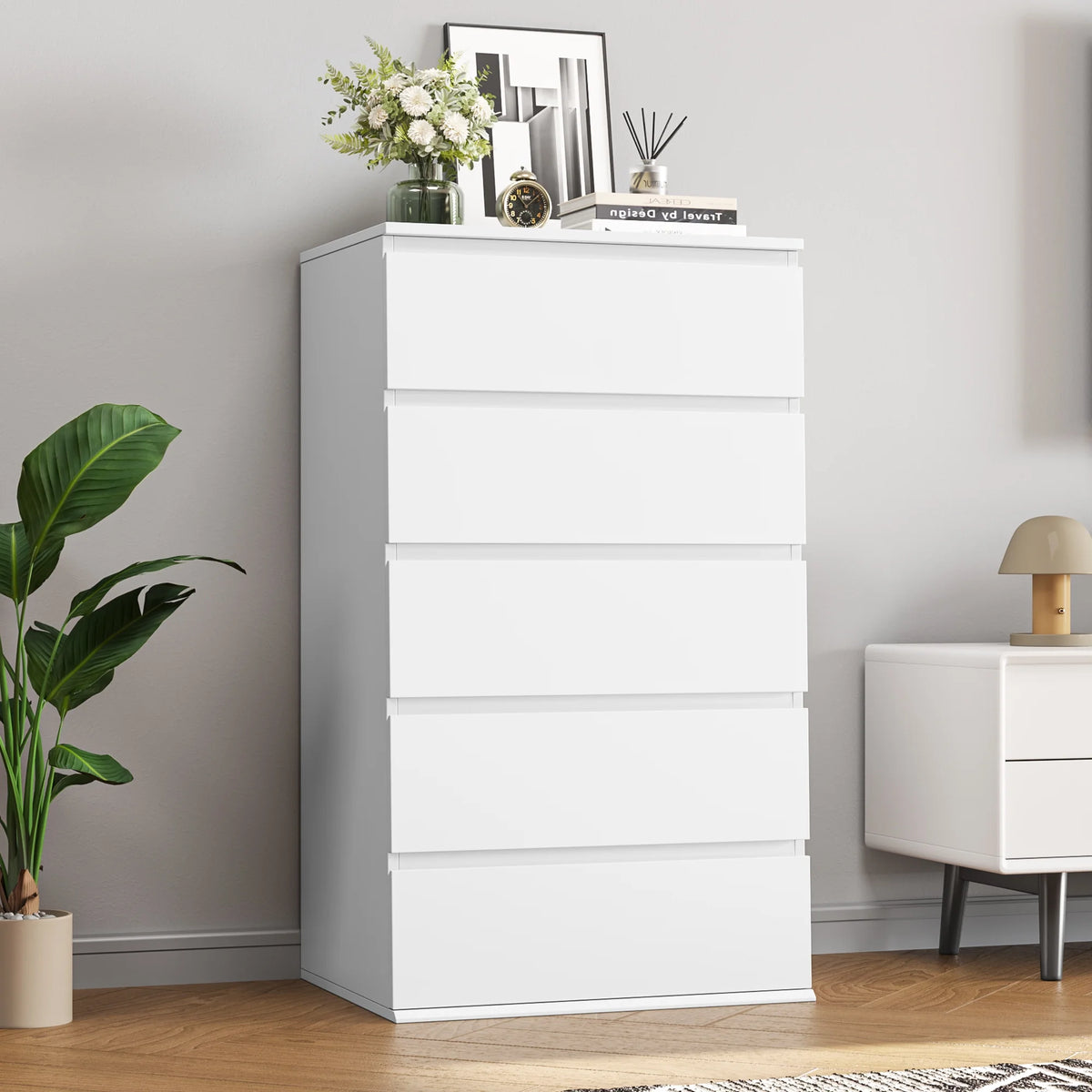 Homfa 5 Drawer White Dresser, Modern Storage Cabinet for Bedroom,Tall Chest of Drawers for Living Room