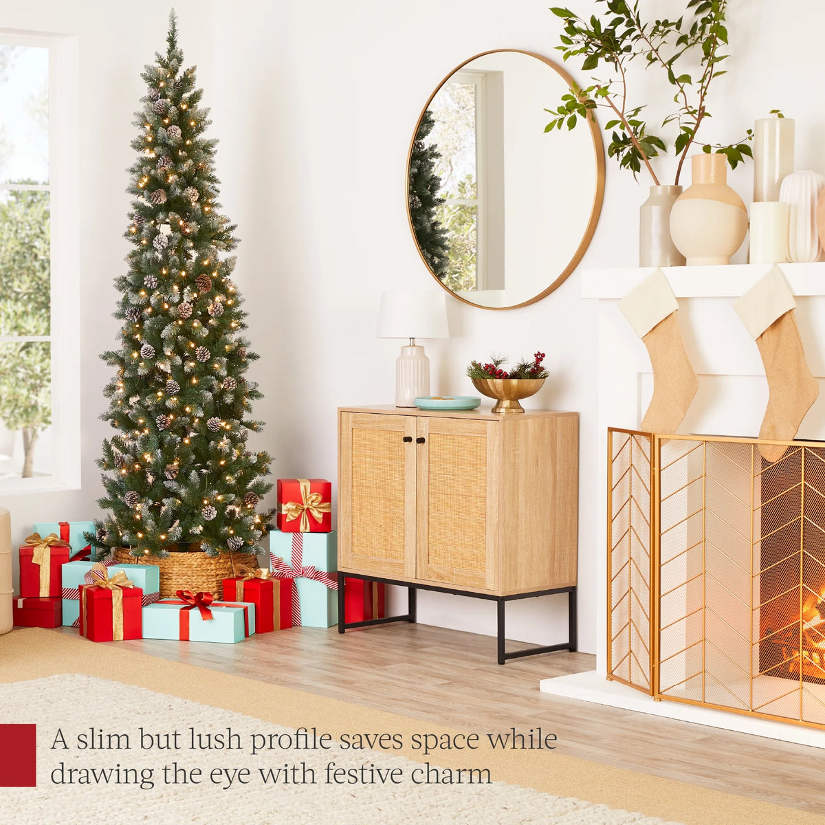 Best Choice Products 6ft Pre-Lit Partially Flocked Pencil Christmas Tree w/ 250 Lights, Pine Cones, Foldable Stand
