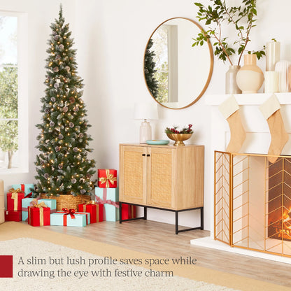 Best Choice Products 6ft Pre-Lit Partially Flocked Pencil Christmas Tree w/ 250 Lights, Pine Cones, Foldable Stand