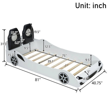 Bellemave Race Car Bed with LED Lights, Twin Size Bed Frame for Boys Kids Toddler Bed, Wooden Platform Racing Car Bed with Upholstered Backrest Headboard, No Box Spring Needed（White)