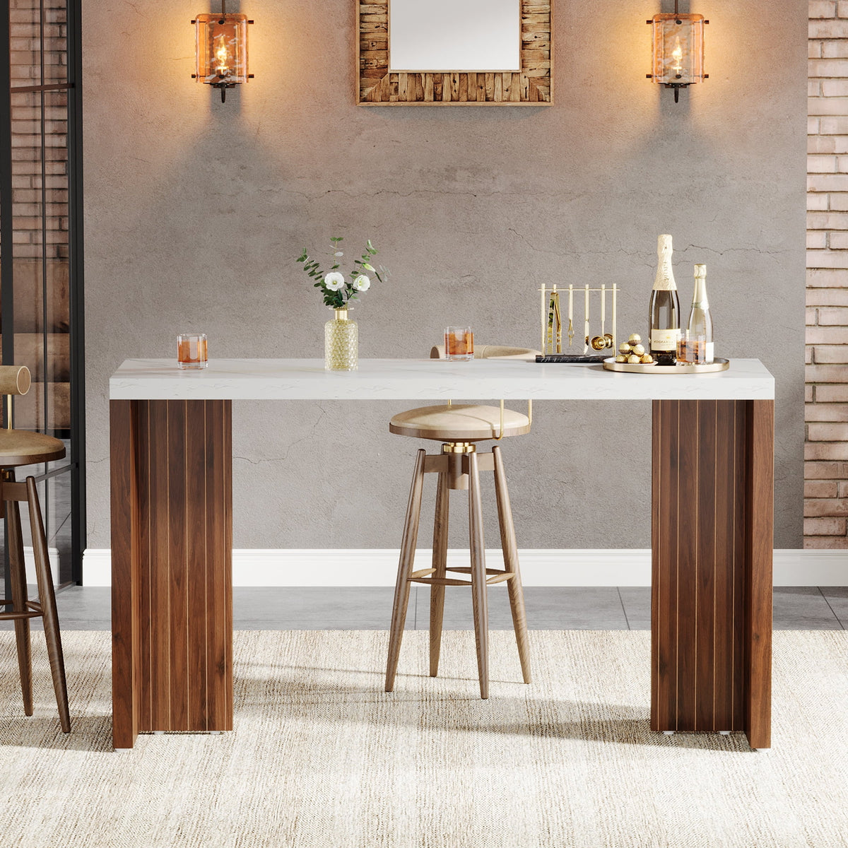 Tribesigns 55.12-Inch Bar Table, Home Bar Unit with a Faux Marble Finished Tabletop, Modern Freestanding Mini Bar for Home Kitchen, Living Room, Balcony, Basement, Walnut & White