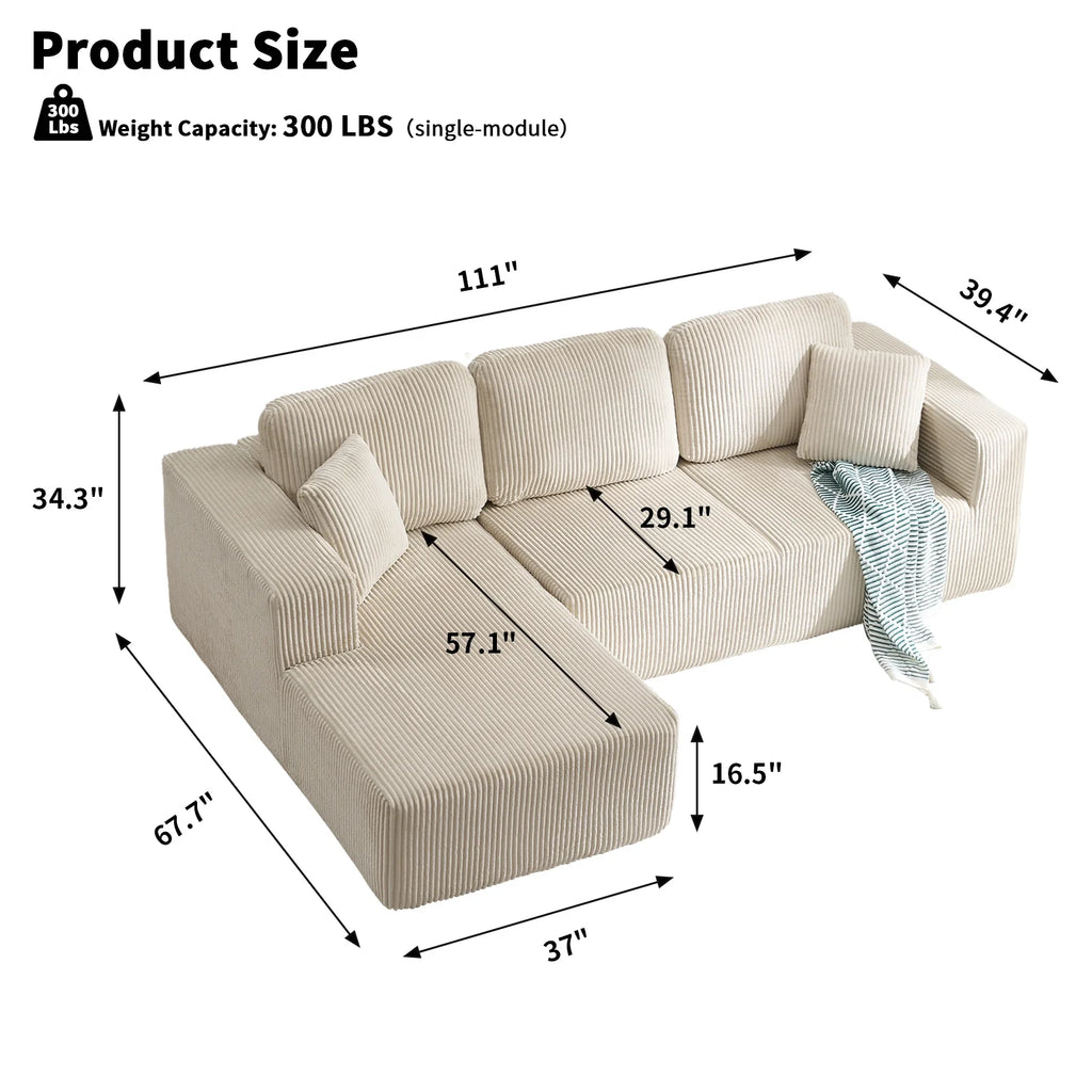 Bonzy Home Sectional Sofa with L-Shape Chaise,Modern Modular Sofa Upholstered Couch Corduroy Fabric for Living Room Bedroom Beige
