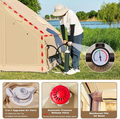 NAIZEA Inflatable Tent Air Glamping Tents 6Person Cabin Tent&Mesh&Chimney Window