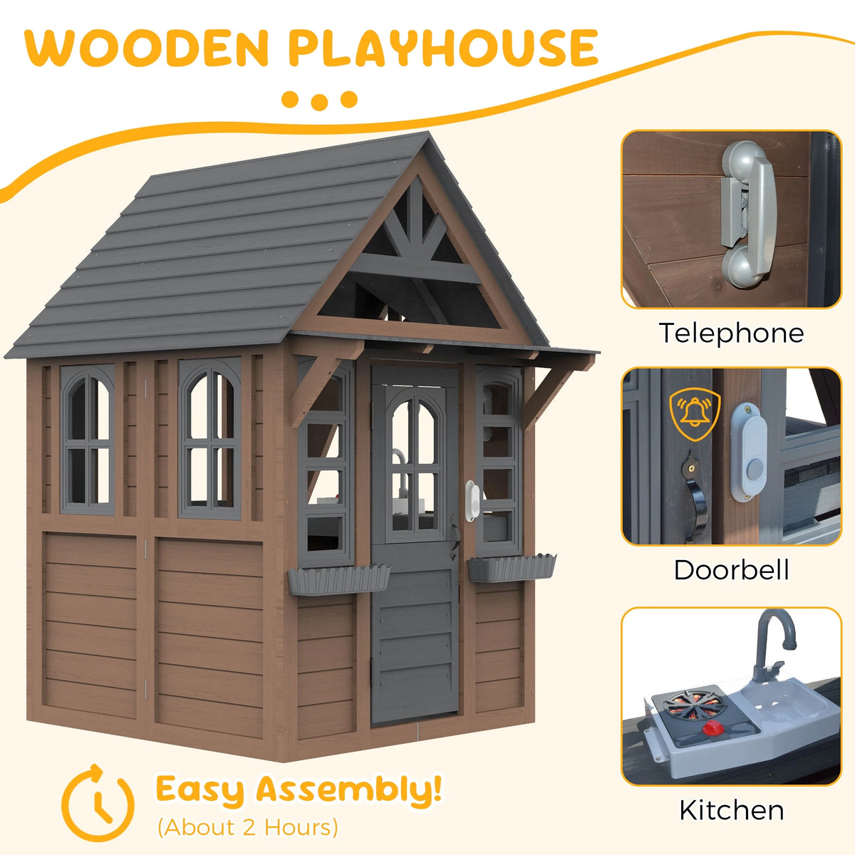 COCLUB Outdoor Playhouse for Kids Ages 4-8, Wooden Play House with Doorbell, Phone, Kitchen Toys, Outdoor Kids Play Equipment, Casa Para Ni?as (45��L x 65��H), White & Black