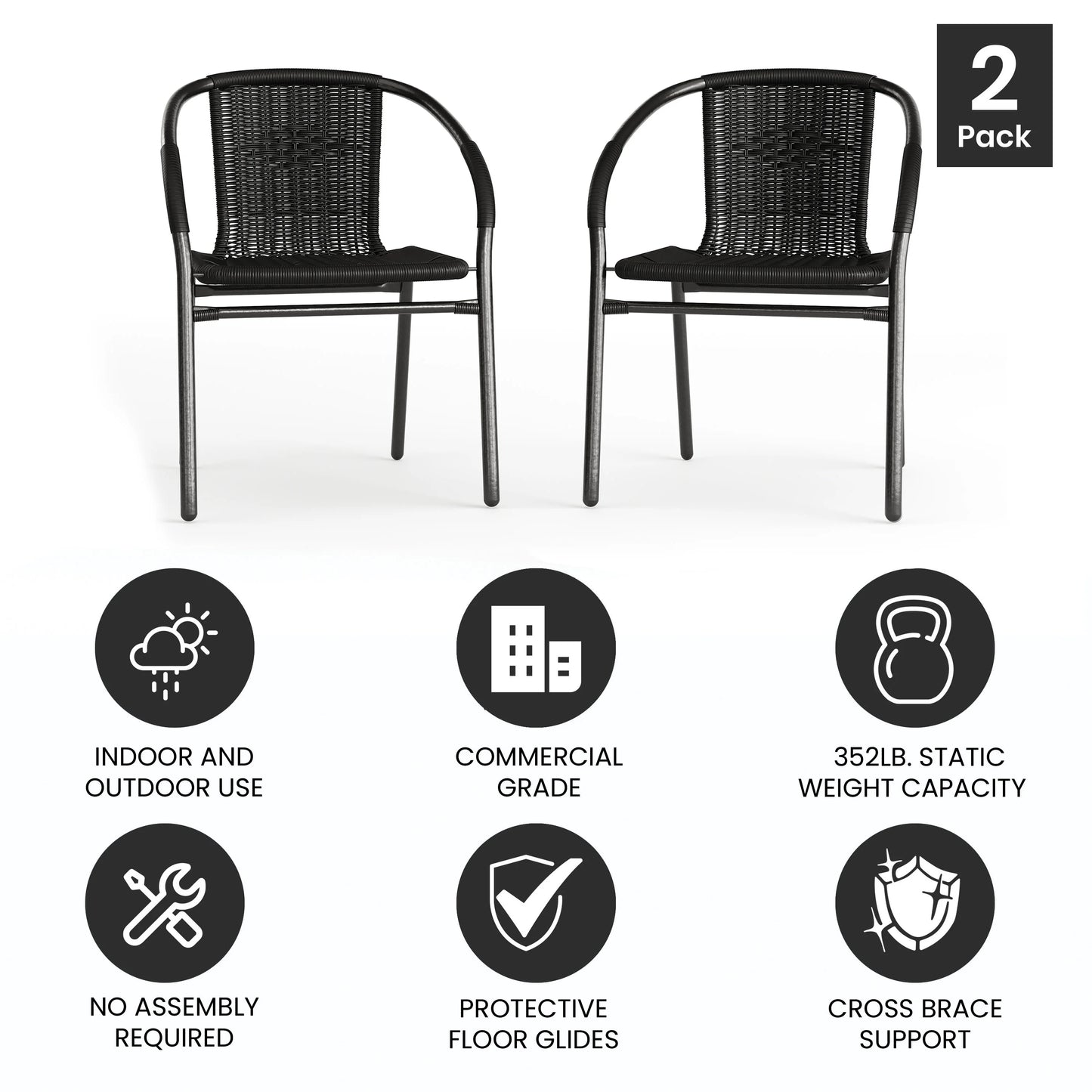 Emma + Oliver Indoor/Outdoor Stacking Rattan Restaurant Patio Chairs, Set of 2, Gray