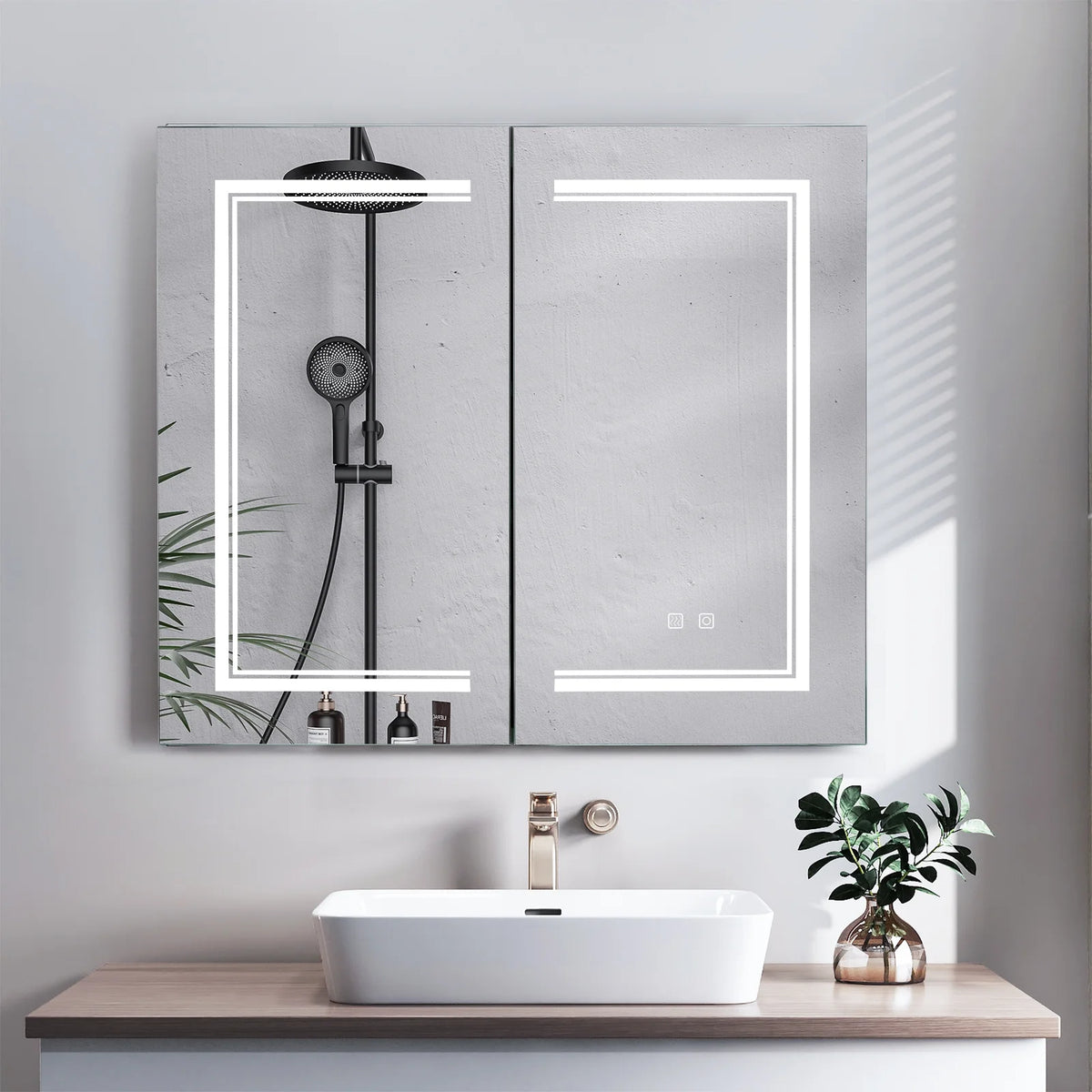 Ktaxon LED Lighted Medicine Cabinet with Mirror Bathroom Wall Cabinet w/ Defogger, Dimmable, Memory function, Outlets & USB, 32"x28", Black