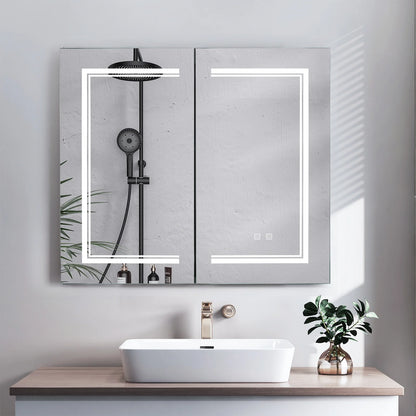 Ktaxon LED Lighted Medicine Cabinet with Mirror Bathroom Wall Cabinet w/ Defogger, Dimmable, Memory function, Outlets & USB, 32"x28", Black