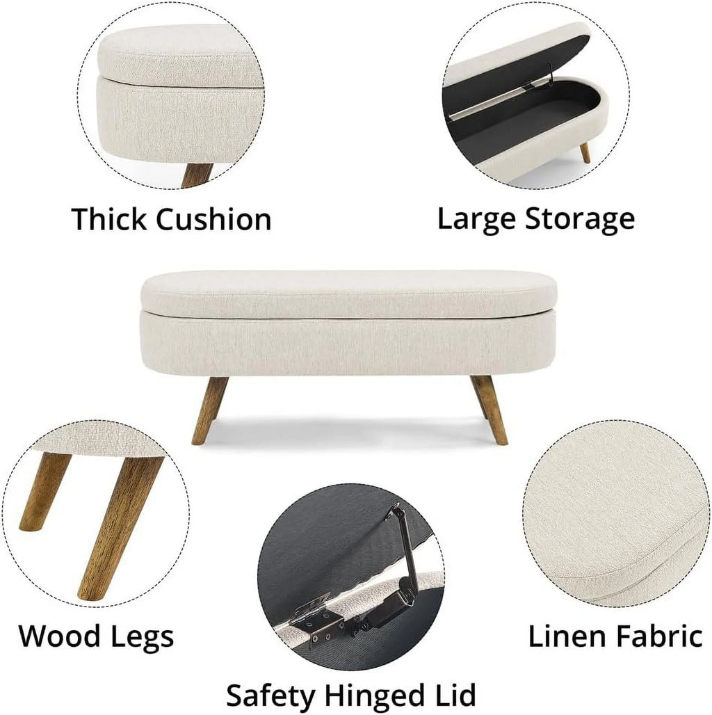 Sumdeal 43.5" Storage Ottoman Bench with 250lb Seating, Linen Upholstered Wood Legs Safety Hinge Flip Top Oval Foot Rest Long Stool for Sofa Couch Bedroom End of Bed Living Room Entryway, White