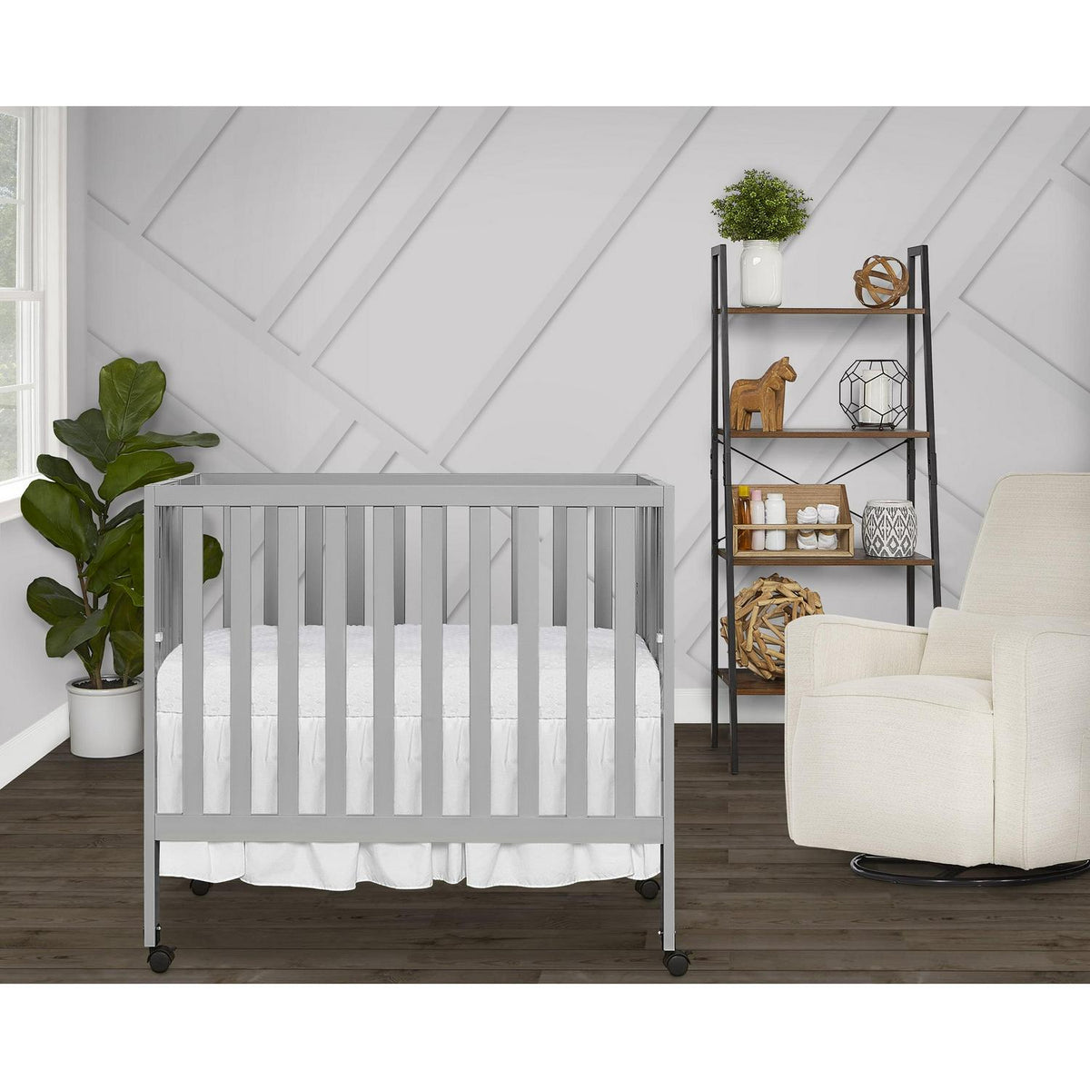 Dream On Me Jett Non-Full Size Folding Crib I Removable Wheels I Modern Nursey I Adjustable Mattress Support I Patent Folding System I Included 2.5 Mattress In Pebble Gray