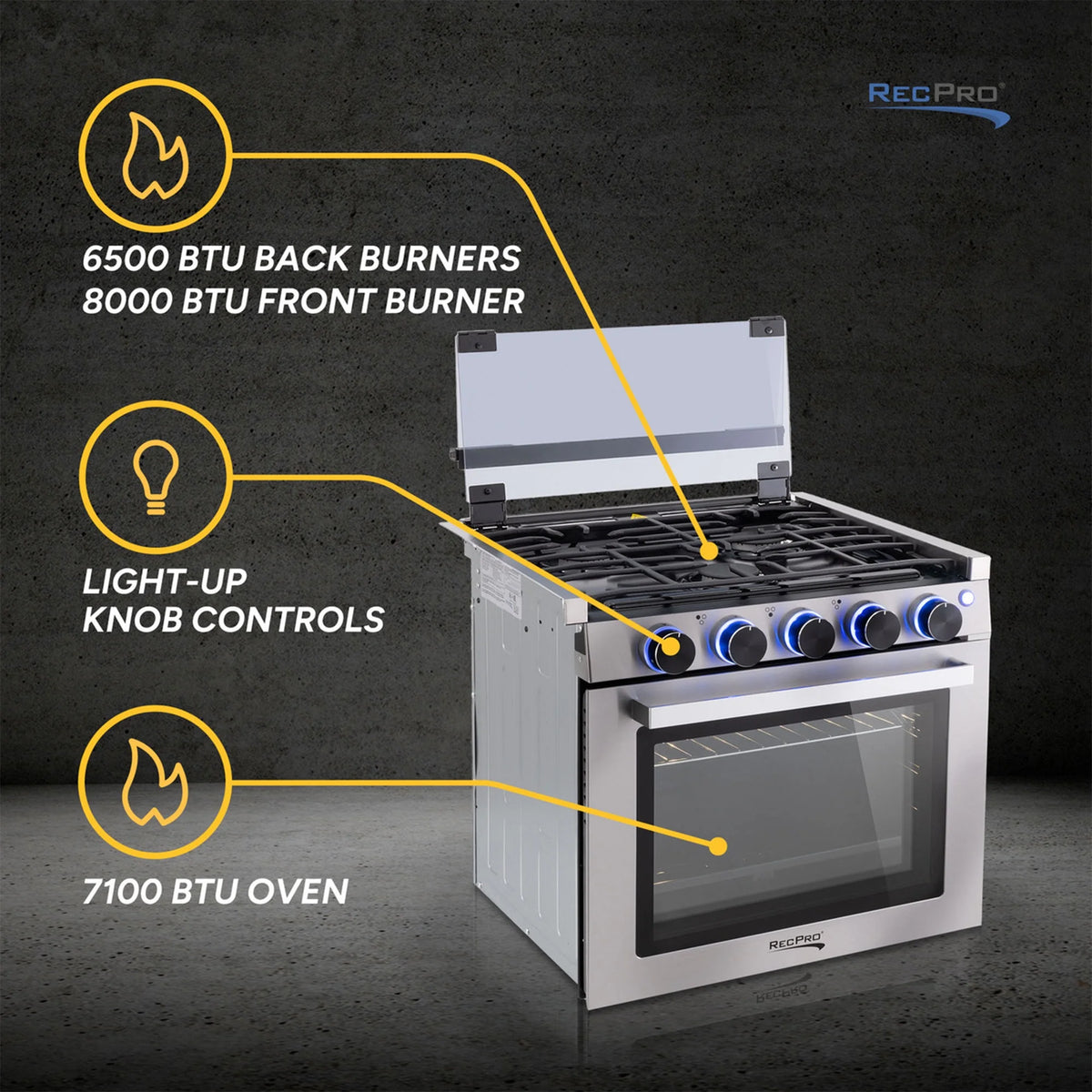 RecPro 21 Inch 3 Burner Propane RV Stove Gas Range without Hood, Black