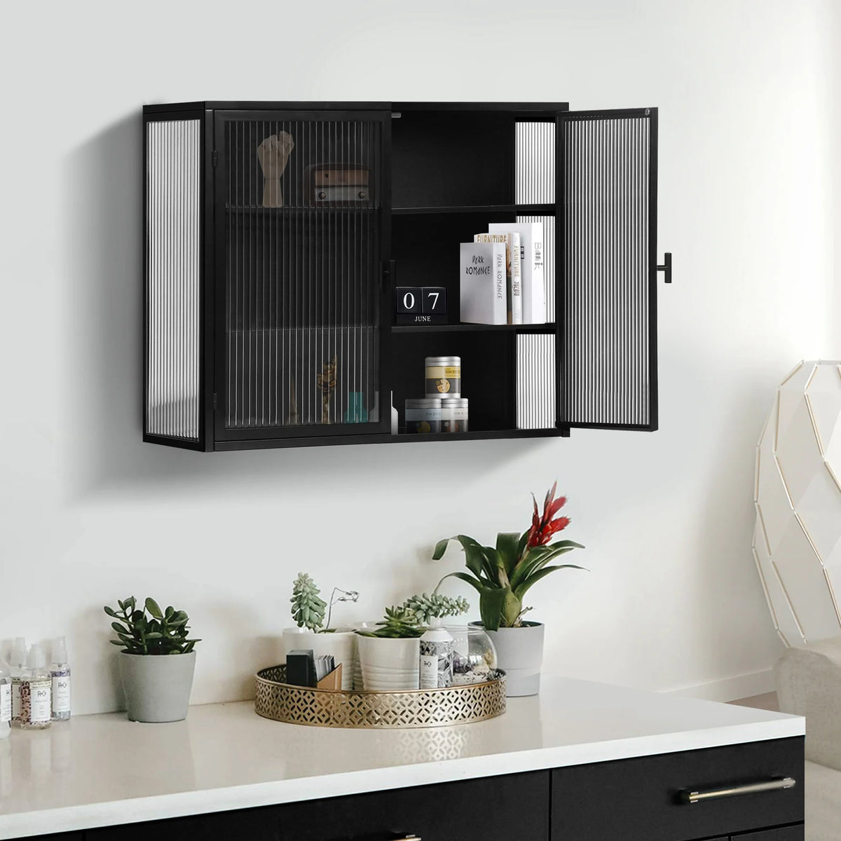 27.56"Modern Wall Cabinet with Glass Doors, Bathroom Cabinet with Featuring Three-tier Storage for Entryway Living Room, Bathroom or Dining Room, Mint Green