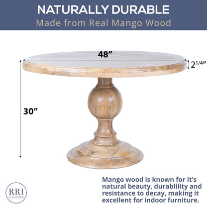 Mango Wood Round Dining Table - Pedestal Base - Mango Teak Finish - 48"Dia. x 30"H