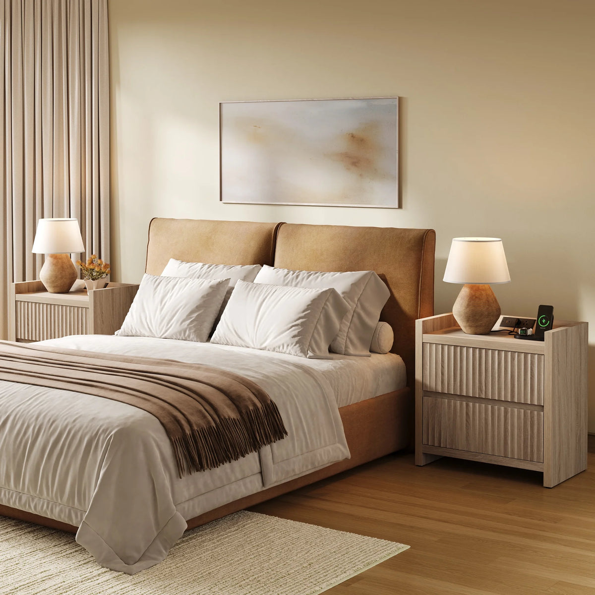 SICOTAS 25.4" Wide Nightstand Set of 2 with Charging Station, Modern Night Stand  with  2 Fluted Dresser & Handle-Less Storage Farmhouse Bed Side Table  for Bedroom, Natural Oak