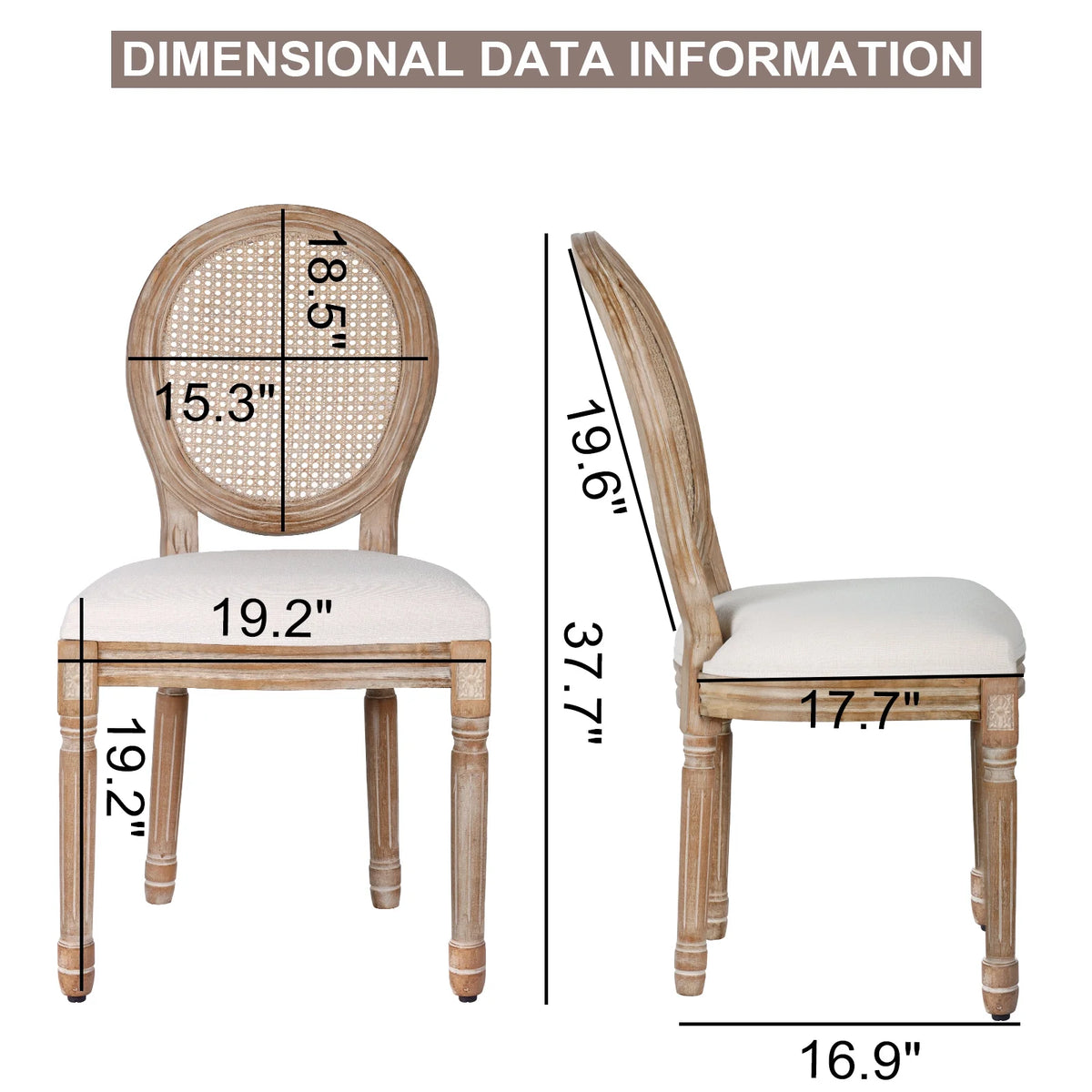 French Dining Chairs Set of 2 Beige Natural Fabric Round Back with Solid Wood Legs and Frame for Bedroom Dining Room Kitchen