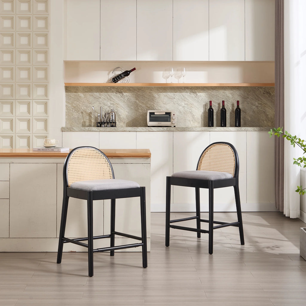 Guyou Modern Bar Stools Set of 2, 26" Counter Height Bar Stools with Natural Rattan Back and Solid Wood Frame, Sherpa Upholstered Kitchen Island Chairs for Bar Island Cafe Kitchen, Black