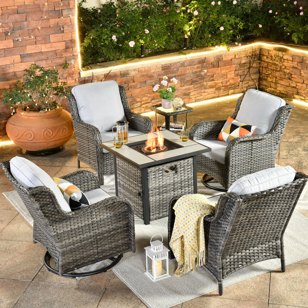 Ovios 6 Pieces Outdoor Furniture with CSA Fire Pit All Weather Wicker Patio Conversation Set with Single Chair for Porch