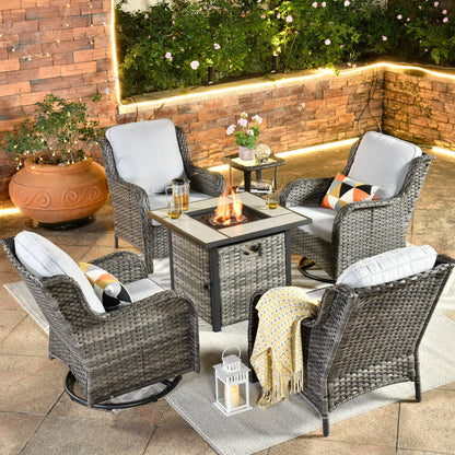 Ovios 6 Pieces Outdoor Furniture with CSA Fire Pit All Weather Wicker Patio Conversation Set with Single Chair for Porch