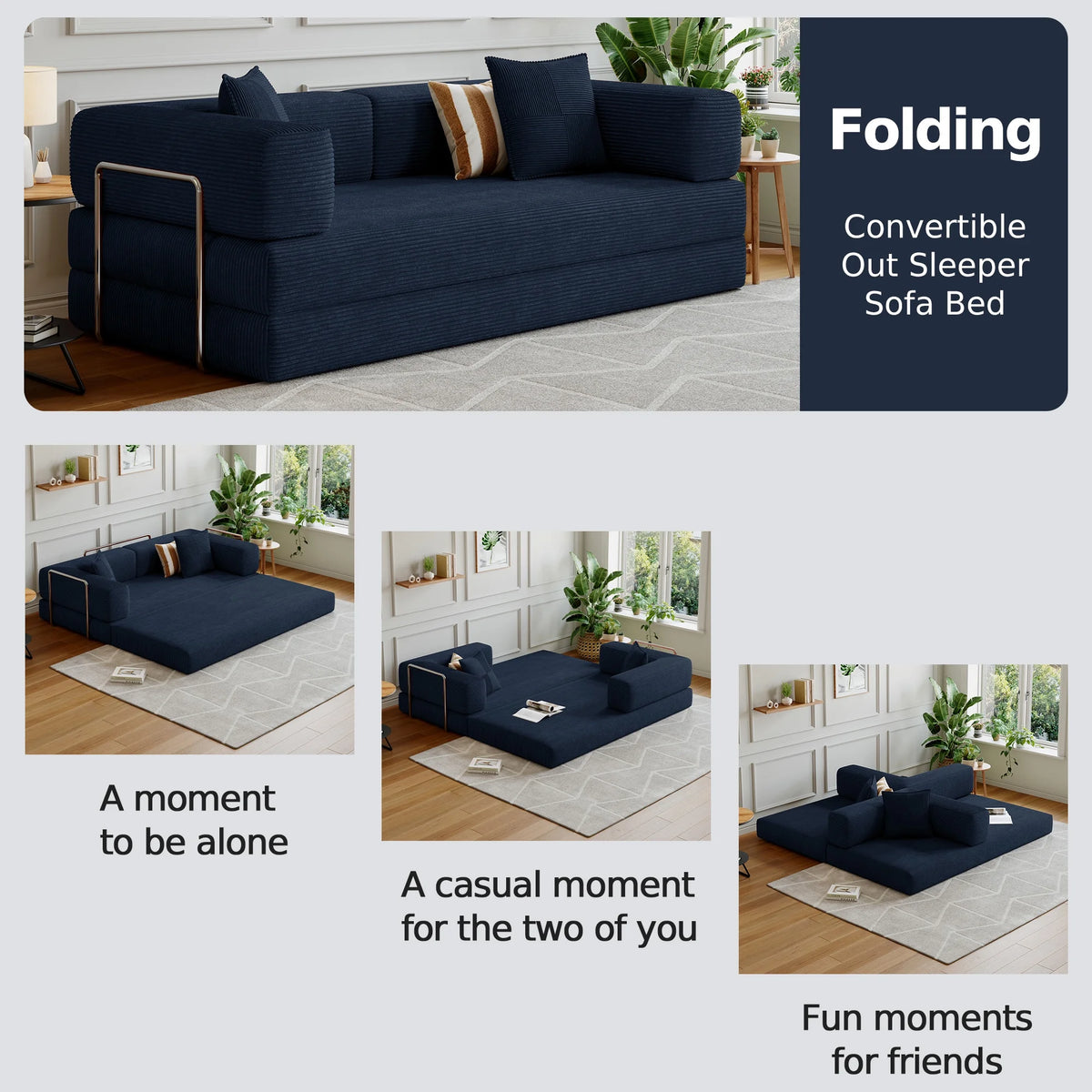 Convertible Sleeper Sofa Bed,Compressed Floor Boneless Couch,Modular Modern Corduroy Sofa for Living Room Bedroom -with Fixed-Shape Frame and Support Armrest,Easy Assembly(Green)