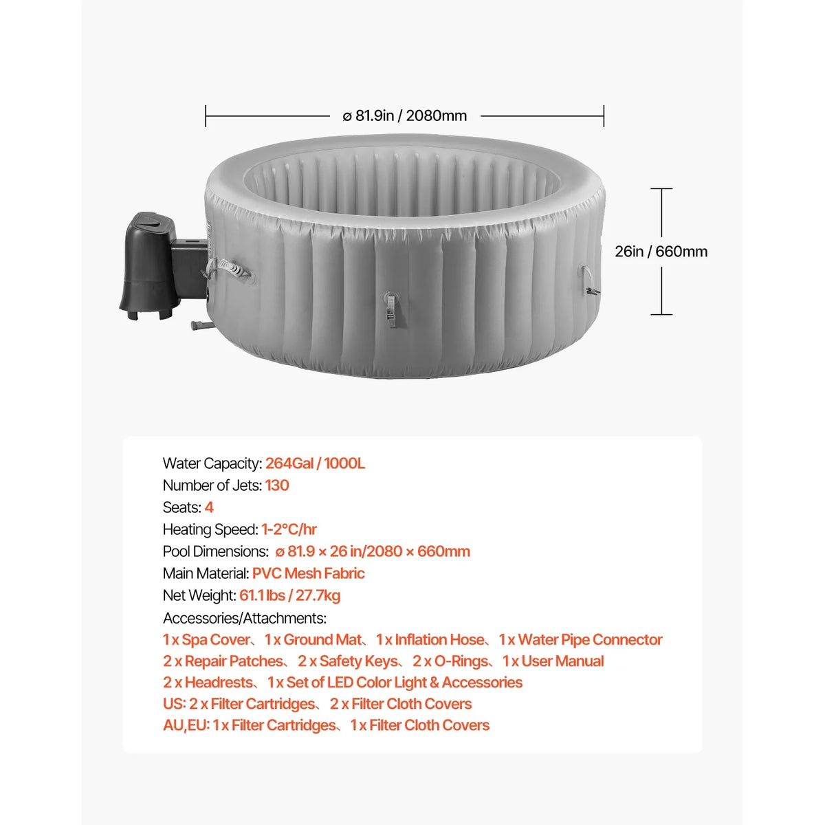 KFFKFF Inflatable Hot Tub, 4-6 Person Capacity, 81.9 x 26in Round Portable Outdoor Spa, with 130 Jets, Headrest, LED Light, Cover, Control Panel, PVC Outdoor Tub, Grey